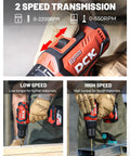 Beast Mode 20V Brushless Hammer Drill Kit showcased in different speed modes with 531 In-Lbs Torque and 36,000 BPM features.