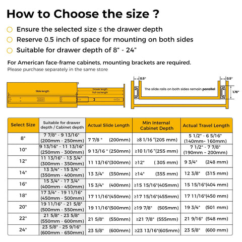 How to choose size for Heavy Duty Black Drawer Slides Providing Rock Solid Stability With Whisper Quiet Soft Close Runners 22 Inch.