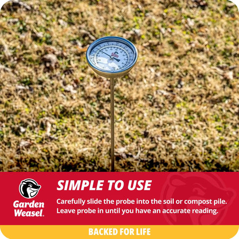 Analog Soil Temperature Dial Thermometer With 36 Inch Probe for soil and worm compost, inserted in ground.