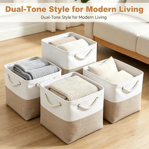 Heavy Duty Foldable Linen Storage Cubes 6 Pack with rope handles and soft blankets inside, ideal for organizing closets and playrooms.
