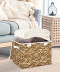 Collapsible Storage Bin With Flip Top Lid And Carry Handles For Bedroom Organization Straight Up Solid 300D Oxford Fabric Crate Folds Flat with blankets inside.