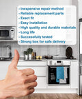 Thumbs up in kitchen with text overlay listing product features like reliability and easy installation for a repair method.