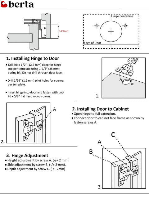 Installation guide for 40 Pack One Half Inch Overlay Soft Close Face Frame Cabinet Hinges With 105 Degree Six Way Adjustment And Three Cam Concealed Kitchen Cabinet Door Hinges With Screws Included Easy Install.