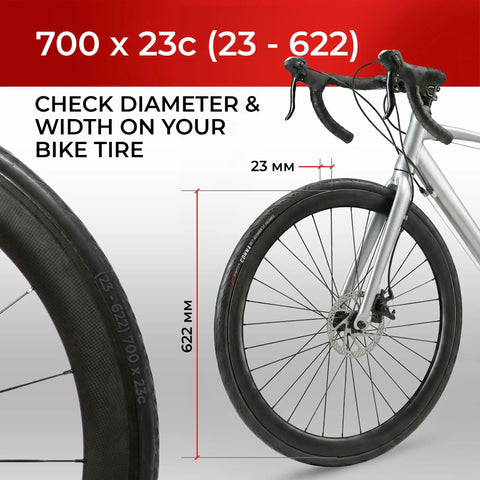 Diagram of 700x23c Road Bike Tire Set With Two Inner Tubes 60mm Presta Tubes Puncture Resistant Slick Tread on bike wheel