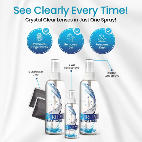 Front view of Purity Eyeglass Lens Cleaner kit with two 8oz sprays, one 2oz spray, and two microfiber cloths.