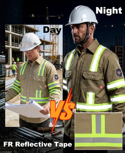 Hi Vis Flame Resistant Work Shirt For Men 7.5oz Khaki Cotton Twill FR With Reflective Tape ANSI ISEA 107 day and night use