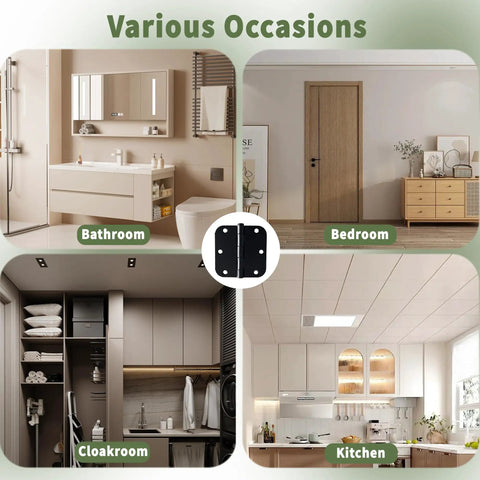 Heavy Duty 3.5 Inch Matte Black Door Hinges With 5 8 Inch Rounded Radius showcased in bathroom, bedroom, cloakroom, and kitchen.