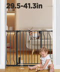 Adjustable Baby Gate 29.5 To 41.3 Inches, 30-Inch Tall Metal Safety Gate For Stairs And Doorways, child sitting nearby