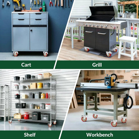 Beast Mode 4 Inch Polyurethane Caster Wheels With Dual Brake and Double Bearings on heavy-duty cart, grill, shelf, and workbench.