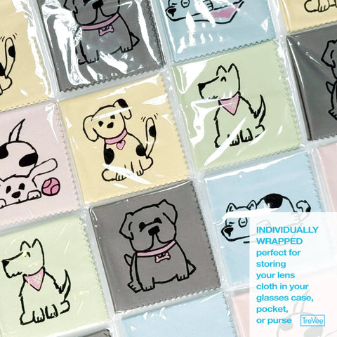 Close-up of TreVee microfiber cleaning cloths, 6x6 cm, dog design, 10-pack, pastel colors, wrapped