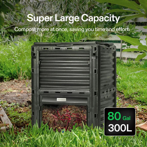 Heavy Duty Outdoor Compost Bin 80 Gallon Capacity 300L Barrel for Fast Fermentation with open hatch in garden setting.