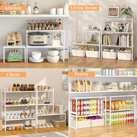 3 Pack Expandable Metal Closet Organizer Shelves Adjustable Stackable Wardrobe Storage Cubes For Clothes Shoes Pantry arranged in kitchen, closet, living room, and pantry.