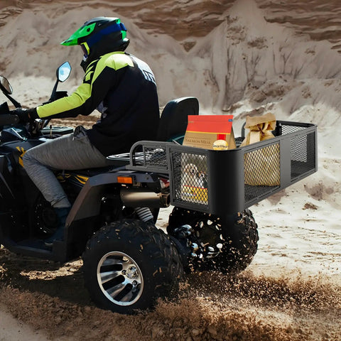 Heavy Duty Rear Cargo Basket For ATV And UTV Detachable Steel Mesh Drop Rack Black Powder Coated Rust Resistant, carrying tools on a moving ATV.
