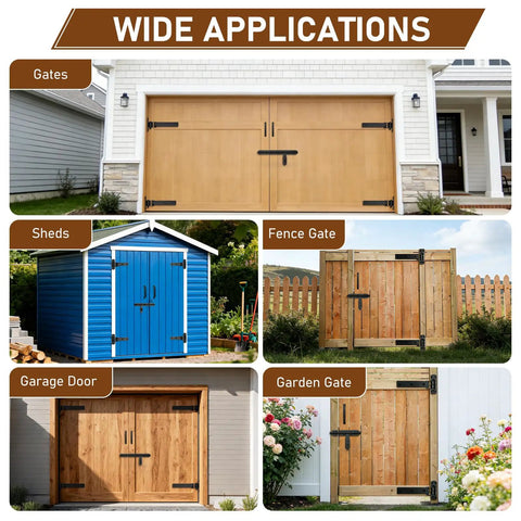 Wide application of Built Like a Tank Heavy Duty Gate Hinges 1000 Lbs on various gates, including gardens, sheds, and garages.