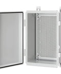 Open view of IP67 Waterproof Junction Box Enclosure For Electrical Projects with Hinged Grey Cover and wall bracket showing interior.