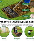 72-Inch Lawn Leveling Rake With Stainless Steel Handle in use on grass showing versatility for golf courses and gardens.