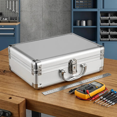 Premium Aluminum Alloy Tool Box with Foam Interior and Sturdy Handle for Safe Transit and Organized Storage of Tools or Valuable Items Travel Friendly Hard Shell Container that Keeps Your Gear Lock Tight on a wooden workbench.
