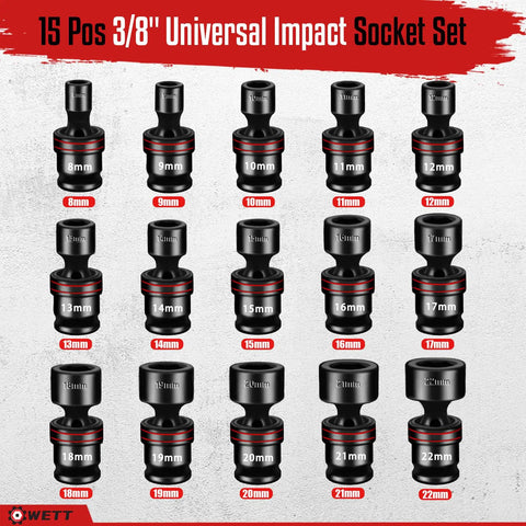 Three-Eighths Inch Drive Shallow Impact Universal Joint Socket Set, 15-Piece, Metric Swivel Sockets From 8mm To 22mm layout