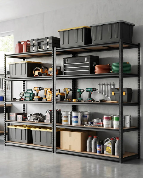 Rock Solid Five Tier Metal Storage Shelves Seven Foot Tall Garage Shelving Workhorse With Heavy Duty Carbon Steel Frame And Particle Board Tops For Basement Pantry Tool Organization, showcasing organized tools and storage bins.