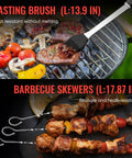 Stainless Steel BBQ Grill Tools Set For Outdoor Grilling Includes Tong Spatula Fork Knife Basting Brush Six Skewers And Gift Box shown with basting brush and skewers in use