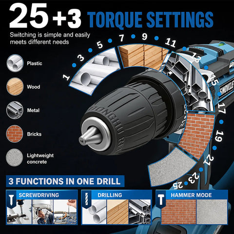 Tough As Nails 21v Cordless Drill Driver Kit With Two Batteries And Five Cleaning Brushes Fifty Nm Torque showing torque settings for various materials.