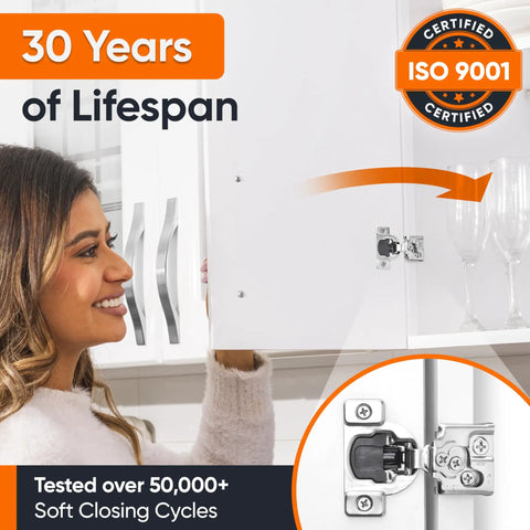 Sixty Pack Soft Close Cabinet Hinges For Half Inch Overlay Kitchen Door Hardware Heavy Duty Stainless Steel with ISO 9001 certification.