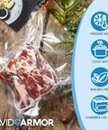 Chamber Vacuum Sealer Pouches Set Pro Grade 3.5 Mil Heavy Duty BPA Free Bags with meat inside, freezer and cook safe icons.