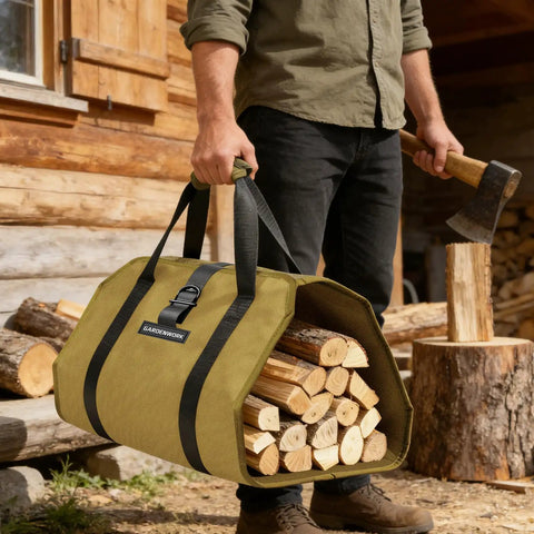 Person holding a firewood bag filled with logs next to a woodpile and an axe, outdoors near a wooden cabin.