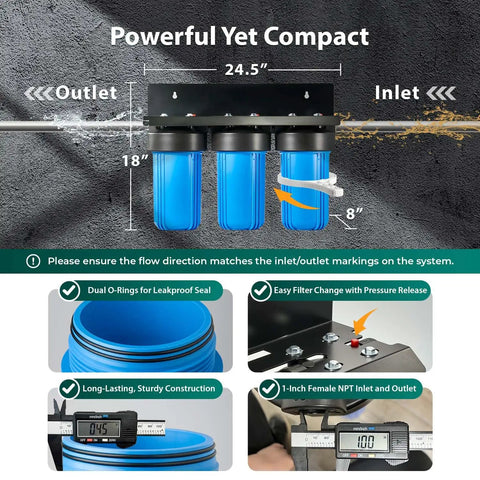 Premium Whole House Water Filter System Knocking Out Lead Chlorine Sediments With Badass 3 Stage Filtration showing 3 blue filter housings and mounting bracket.