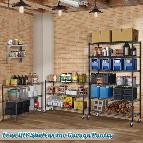 Image of Heavy Duty Six Tier Steel Wire Shelving Unit Built Like A Beast Garage Storage Rack No Flex Frame in black, 48 x 18 x 72 inches.