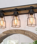 Two Light Farmhouse Vanity Light With Vintage Black Metal Cage And Rustic Wood Finish, E26 Base, Perfect For Bathroom, Kitchen, Hallway Or Bedroom, Open Cage Design For That Dope Industrial Cozy Vibe