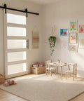 Heavy Duty Sliding Frosted Glass Barn Door With Five Panel Design And Full Roller Track Hardware Ready To Roll Smooth Glide System For Closet Bedroom Or Bathroom Modern Privacy Partition No Sweat Setup in a children's playroom.