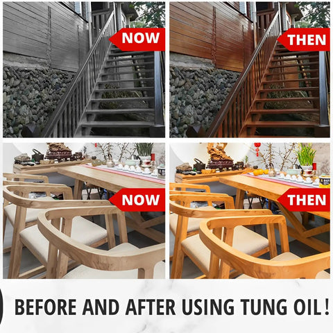 Before and after using Pure Tung Oil For Wood Finish With Included Brush, No Fuss Food Grade Outdoor Sealer for stairs and furniture