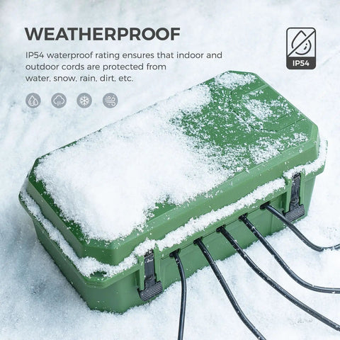 Badass Heavy Duty Outdoor Electrical Box With IP54 Weatherproof Rating And A Hella Tough Rubber Gasket Seal To Keep Wire Connections Safe And Dry In Rain Snow Or Dust Green covered with snow, showing its protective features.