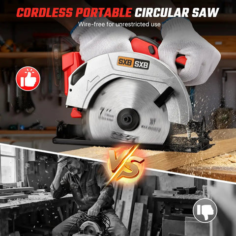 Badass Seven Inch Brushless Cordless Circular Saw Runs Smooth As Glass At Eight Thousand Rpm cutting wood, showcasing its cordless benefits.