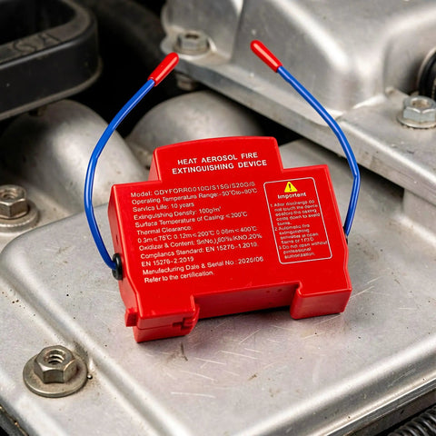 Aerosol Fire Extinguisher for Cars Automatic Self Adhesive Peel and Stick Vehicle Safety Gear close-up on engine component.