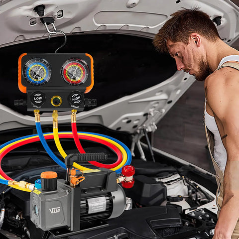 Man using R1234yf Auto HVAC Vacuum Pump And Gauge Kit with 4.5 CFM Leak Detector and hoses, car engine open