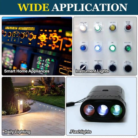 Hella Solid E10 Screw Base LED Bulbs, 5 Pack Mini White Glow Indicators For Flashlights And Car Dashboards, DC 8 To 9 Volt Power, shown in use for smart home appliances.