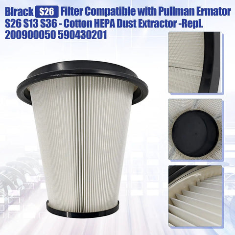 Black S26 filter compatible heavy duty cotton HEPA dust extractor, visible pleated design, replaces 590430201 200900050
