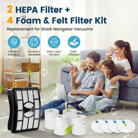 Family in living room with Shark Rotator Pro Lift Away NV500 Series Replacement Filter Fits NV501 NV502 NV503 NV505 NV510 NV520 NV552 UV560 NV642 ZU780 ZU782 ZU785 Compare To XFF500 Not For NV650 NV750 Series product packaging