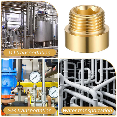 Four brass threaded fittings for oil, gas, and water transportation systems alongside industry piping diagrams.
