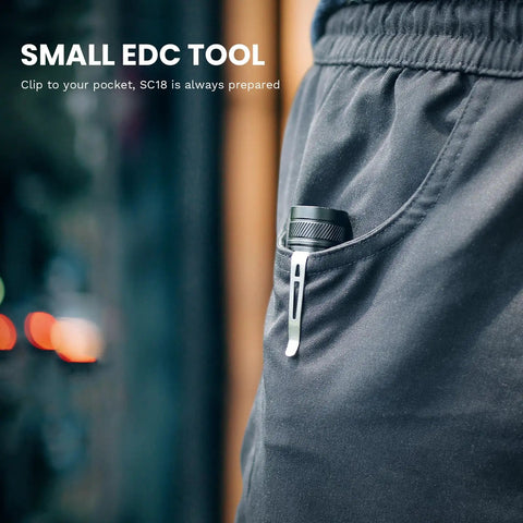Rechargeable EDC Flashlight 1800 Lumen Output Beast Mode Bright Pocket Light clipped to pants pocket