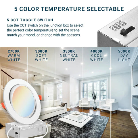 Ultra Thin 6 Inch LED Recessed Gimbal Lights With J Box No Fuss Install 12W Dimmable 5 Color Temp Switchable lighting illustration