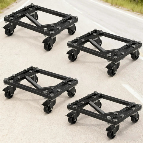 Heavy Duty Set Of 4 Car Wheel Dollies Featuring 6000 Lbs Capacity Tire Skates Cart with rolling casters on a concrete surface.