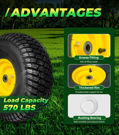 Heavy Duty Two Pack Front Tire And Wheel Assembly For Lawn Mower showing advantages like grease fitting and thickened rim.