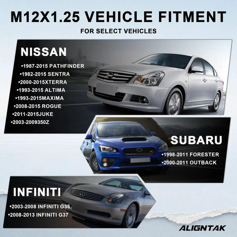 M12X1.25 vehicle fitment details for Nissan, Subaru, and Infiniti models, showcasing compatibility with specific vehicles.