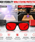 Red Lens Laser Safety Goggles UV Blue Green Diode Up To 532nm DIY Engraving Must Have, showcased with a laser engraving machine.