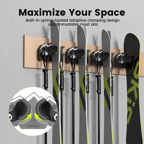 Space Saving Ski And Snowboard Wall Mount With Non Slip Rubber Grip Pads Garage Storage Rack That Locks Down Tight keeps skis secure on wall.