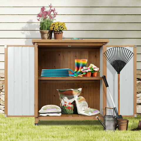 Outdoor Wood And Metal Storage Cabinet With Waterproof Roof For Garden Tools Magnetic Door Four T Hinges Four Adjustable Feet