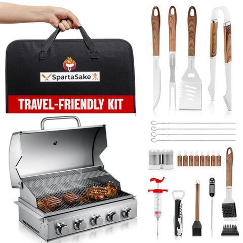 Ultimate Grill Master Gear Set for Blackstone Griddle Premium Stainless Steel BBQ Accessories displayed with travel kit